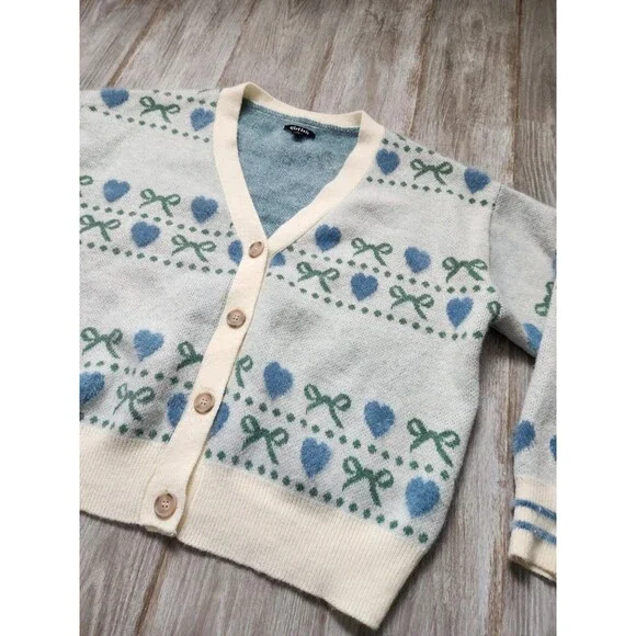 Girlish Heart Bow Cardigan Sweater Blue Cream Button Up Soft Knit Womens XL GUC - Picture 2 of 11